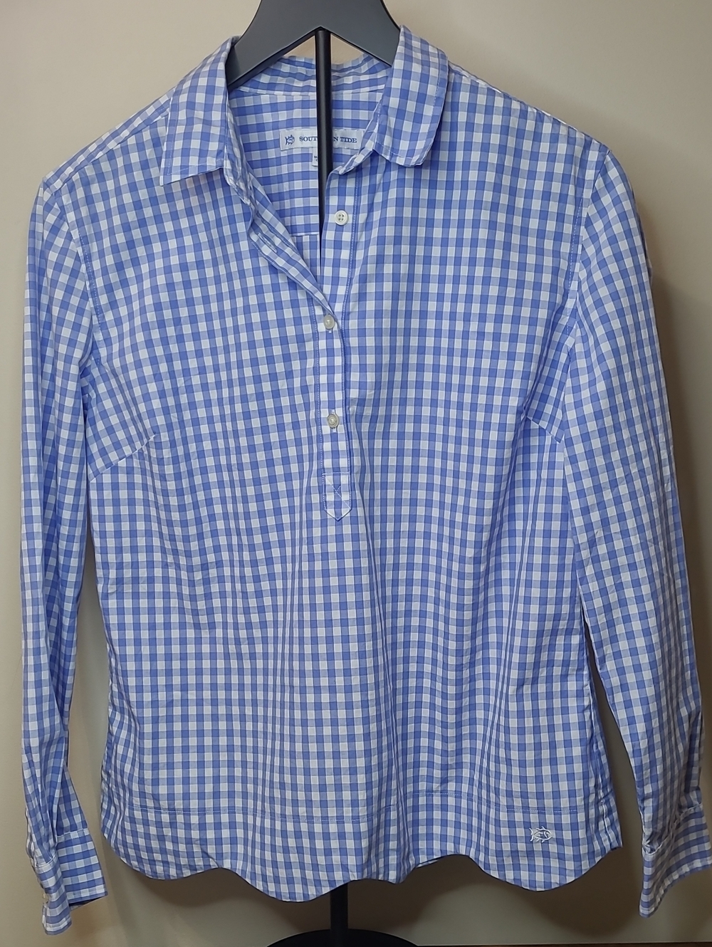 Southern Tide Blue & White Gingham Button Pullover Blouse size Medium